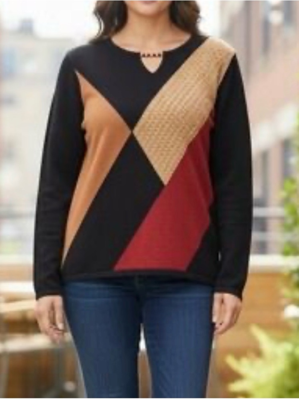 Alfred Dunner Black, Tan & Burgundy Geometric Crewneck Sweater